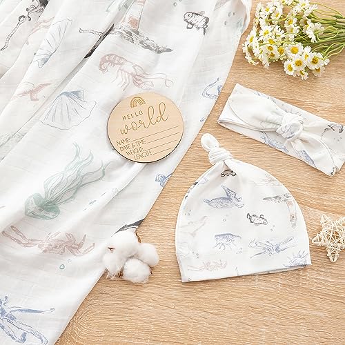 Image of BabyWhale Muslin Swaddle Blanket with Hat and Headband Bow, Marine Animals Pattern Swaddle Set for Baby Boys ＆ Girls, Unisex Newborn Soft Receiving Swaddle Wrap, 47x47 inches