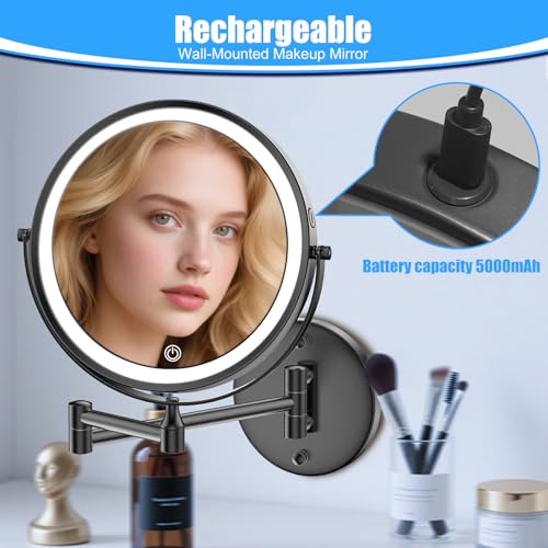 Rechargeable Wall Mounted Lighted Makeup Mirror 30X Magnifying Mirror with Light Dimmable LED Bathroom Mirror Black 360°Swivel Adjustable Vanity Mirror Arm (Black 1, 8.3" L x 9.5" W) — view 2