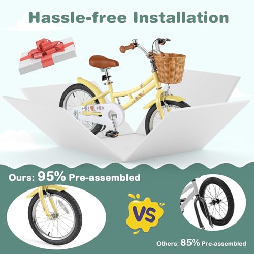Image of BABY JOY Retro Kids Bike, 12 14 16 18 Inch Child Bike for 3-8 Years Old w /Rattan Basket, Adjustable Height, Training Wheels, Fenders, Handbrake Coaster Brake, 95% Pre-Assembled Kids Bicycle for Girls