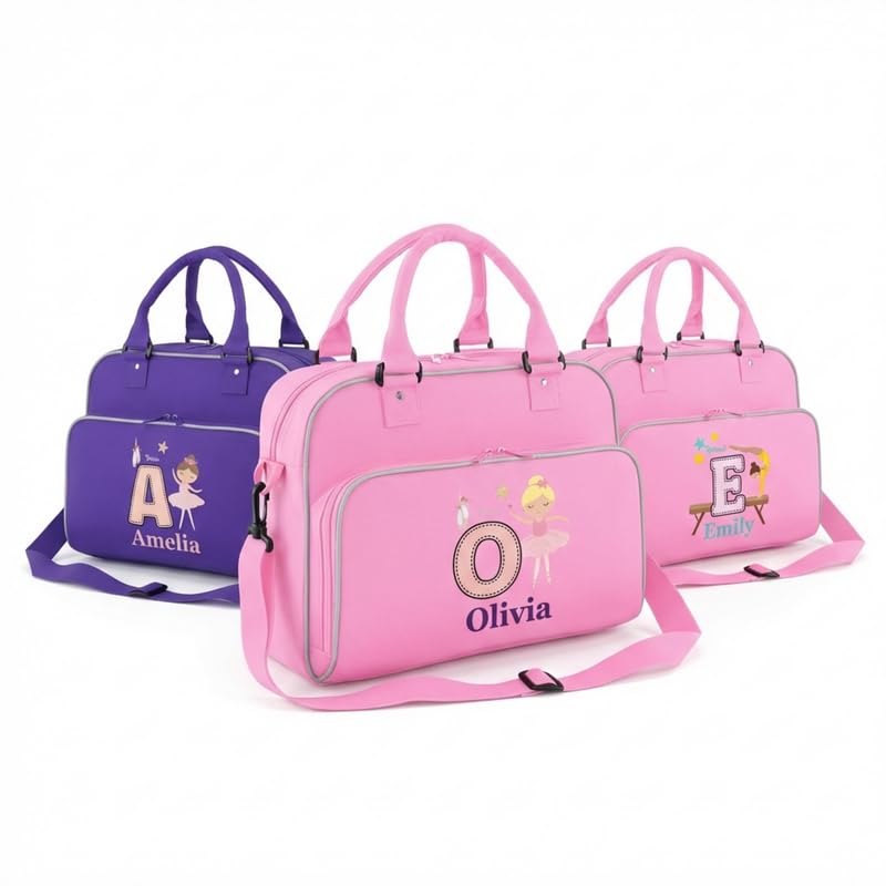 Hoolaroo Personalised Dance Bags For Girls Pink Gymnastics Bag Ballet Bags For Girl Dancing Gift With Name (Hot Pink/Dancer Brown Hair)