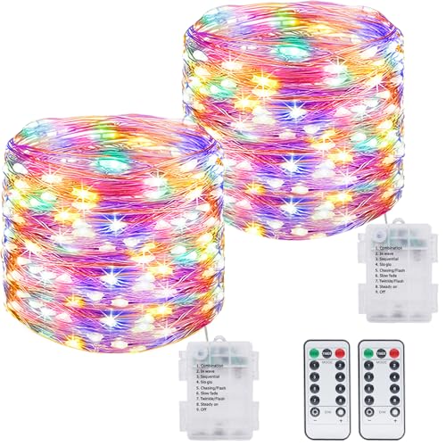 kolpop 2 Stück Lichterkette Batterie, 12M 120 LED Lichterkette mit Fernbedienung und Timer, Wasserdicht 8 Modi Lichterketten Draht für Außen Innen Party...
