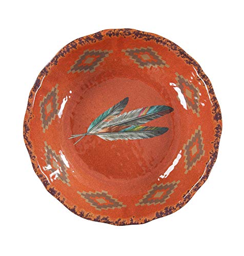 Image of Paseo Road Tossed Feather 14 Piece Melamine Plastic Western Dinnerware Set, Orange Tan Brown Teal Aztec Tribal Print, Southwestern Rustic Dish Set with Plates, Bowls, Serving Dish