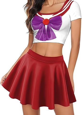 Casmyd Womens Halloween Costumes for Sailor 2-Piece Skirt Set Anime Cosplay Outfit Bow Printed JK Uniform Pleated Skirt