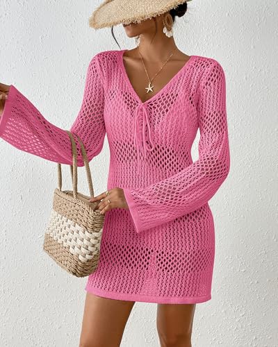 Image of Bsubseach Women Swimsuit Crochet Coverup Long Sleeve V Neck Beach Dress