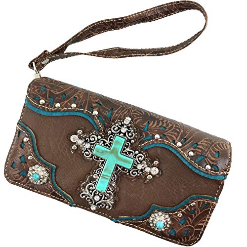 Zelris Turquoise Rhinestone Cross Western Women Crossbody Wrist Trifold Wallet (Brown)2