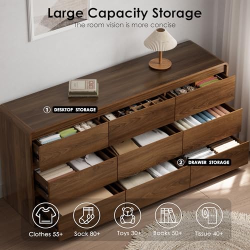 Image of Oransail 9 Drawer Dresser, 63 inch Wide Walnut Dresser Chest of Drawers, Curved Anti-Collision & Anti-Tipping Design, Mid Century Modern Wooden Dresser for Bedroom, Living Room, TV Stand