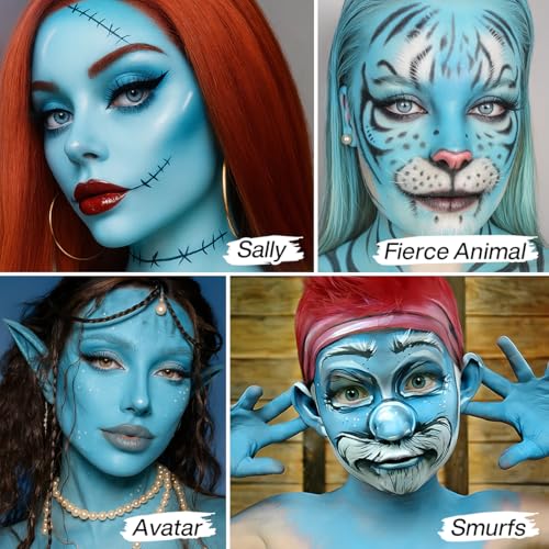Light Blue Face Body Paint Cream to Powder Foundation Makeup, Professional Blue Cream Face Painting for Kids & Adults, Greasepaint for Halloween FX, Theater, Sally Makeup, Corpse Bride, Smurf, Cosplay - Thumbnail 3