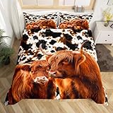 Milk Cow Print Comforter Cover Full Size, Farmhouse Animal Highland Cattle Duvet Cover Set for Girls Teens Xmas Gift, Cheese Pie Delicious Food Brushed Bedding Set with 2 Pillowcases (No Comforter)