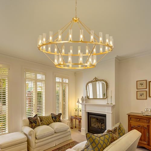 Image of 63 Inch Large Gold Wagon Wheel Chandelier with Clear Glass Shade 2 Tier 36-Lights Round Pendant Light Farmhouse Industrial Chandeliers Dining Room Light Fixture for Stair Living Room Foyer