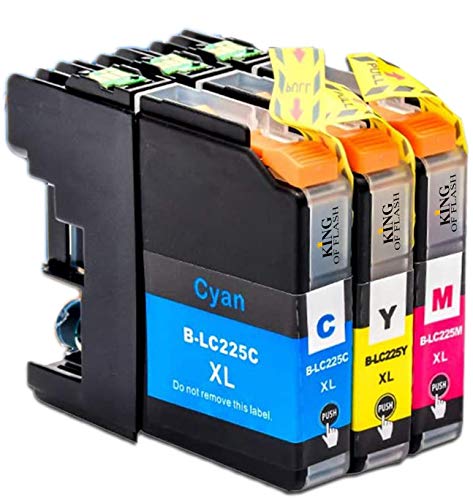 KING OF FLASH Compatible Ink Cartridge Replacement for Brother LC225XL High Yield XL(LC225XLC Cyan, LC225XLM Magenta, LC225XLY Yellow), works with Brother Inkjet Printer, LC225CL Colour Pack