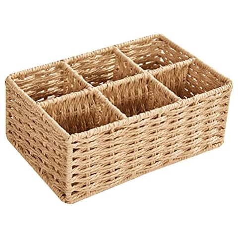 Seagrass Storage Basket Rattan Tea Bags Holder Wicker Coffee Condiment Sugar Packets Organizer Woven Divided Basket Organizer for Shelf Countertop Cover