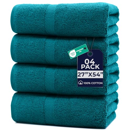 Image of DAN RIVER Bath Towels Set of 4, 27 x 54 Inches, 100% Cotton, Larger & Lighter Weight, Quicker to Dry, Super Soft and Absorbent, Ideal Luxury Bath Towels for Daily Use, Teal