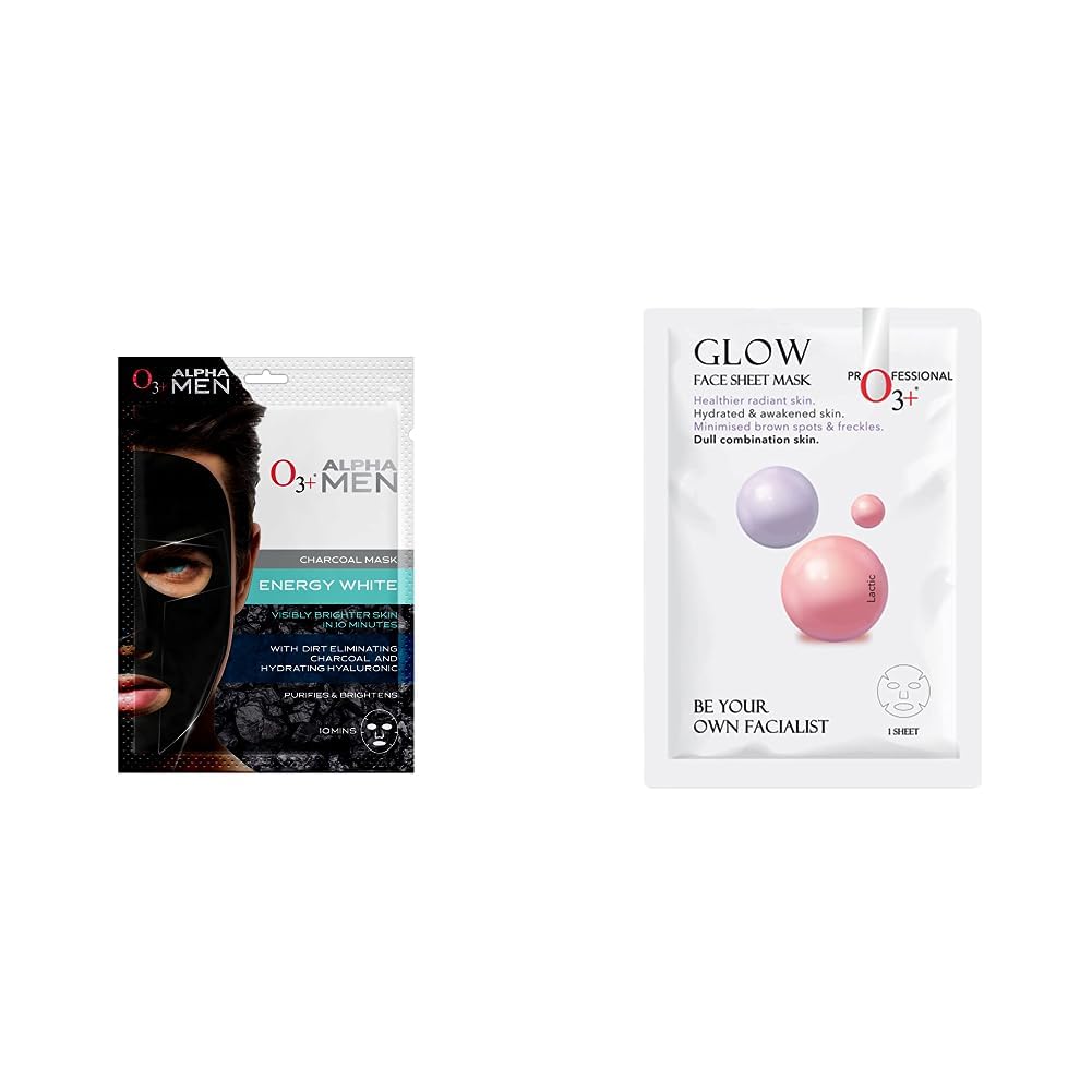 O3+ ALPHA MEN Energy White Charcoal Face Sheet Mask 30g with Charcoal & Hydrating Hyaluronic to Purify & Brighten Skin & O3+ Facialist Glow Sheet Mask Hydrates and awakens skin(30g) Combo-picture-53