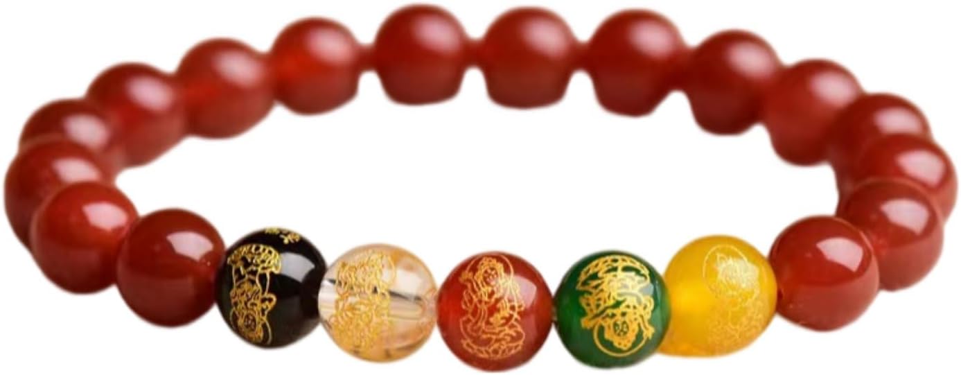 DorkTees (红玛瑙-10mm) 五路财神 Fengshui Jade Bracelet Lucky Charm 手链五行黑曜石本命年手串化解红玛瑙金木水火土男女款