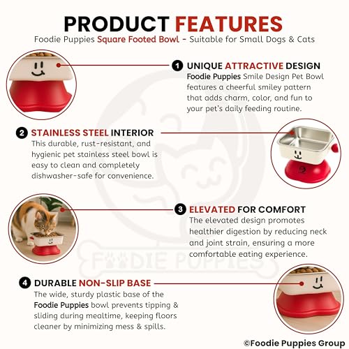 Image of Foodie Puppies Pet Elevated Cat Bowl - (Fun Face Square Bowl) | Detachable Stainless Steel Raised Bowl for Food & Water Feeding | Durable, Anti-Vomiting, Mess-Free Feeder for Cats, Kittens & Puppies