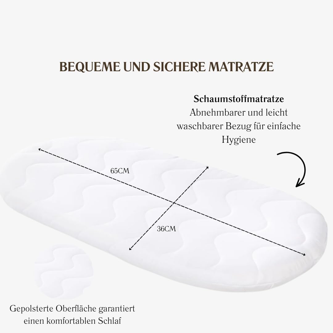 Wiklinopol Culla Annabell – Cestino Moses in vimini naturale con struttura e ruote – Set biancheria in mussola beige 5 pz. – Cestino grigio – con materasso incluso