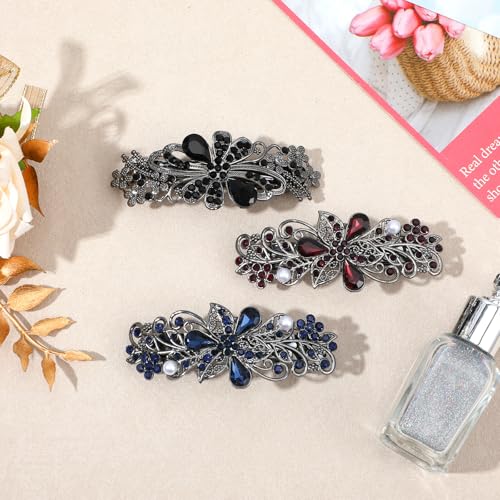 Pinzas para el cabello vintage para mujer con flores retro, cristales, moños y hojas, set de 3 unidades miniatura 7