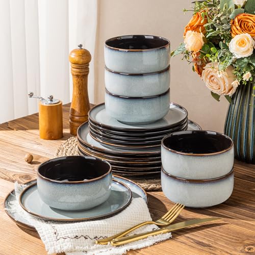 Image of LeRatio Ceramic Dinnerware Sets for 6,Porcelain Plates and Bowls Sets,Handmade Reactive Glaze Dishes Set,Chip Resistant and Scratch Resistant | Oven&Dishwasher & Microwave Safe-Gray White(18PCS)