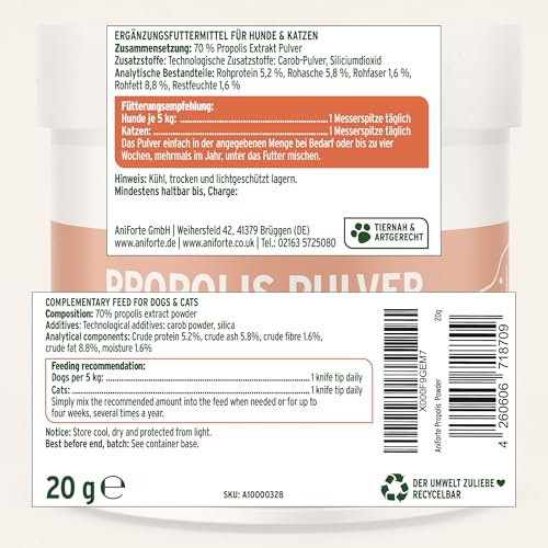 AniForte Propolis Pulver für Hunde & Katzen 20g - Natürliches Propolispulver zur Unterstützung von Immunsystem, Abwehrkräfte & vitaler Haut