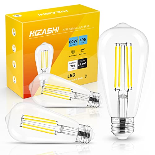 Hizashi Edison Bulb 60 Watt LED, 2700K Dimmable LED Light Bulbs E26 Base, ST19 Vintage Light Bulbs Soft Warm White, 95+CRI, UL Listed,700 Lumens 6W, Clear Glass, Pack of 3 Warm White 2700k 3