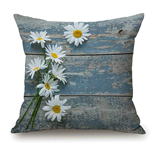 Solekla Throw Pillow Cover Daisy Flowers on Old Wooden Decorative Pillow Case Cushion Home Living Room Bed Sofa Car Cotton Linen Square 18 x 18 Inches