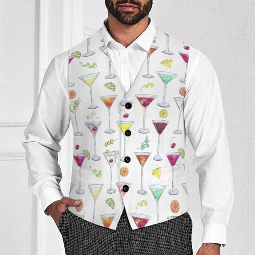 Watercolor Cocktails Glass with Fruits Men's Suit Vest Slim Fit V-Ncek Waistcoat Business Casual Vest2
