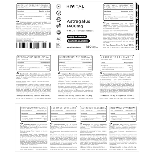 Astragalus 1400 mg. 180 vegane Kapseln für eine 6-monatige Behandlung. Natürlicher Astragalus-Extrakt mit 7% Polysacchariden. Hergestellt von HIVITAL