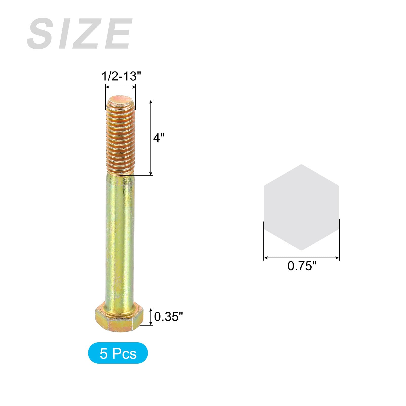 METALLIXITY Hex Bolts (1/2-13 x 4") 5Pcs, 8 Grade Carbon Steel Zinc Plated, UNC Coarse Thread, External Hex Drive - Image 2