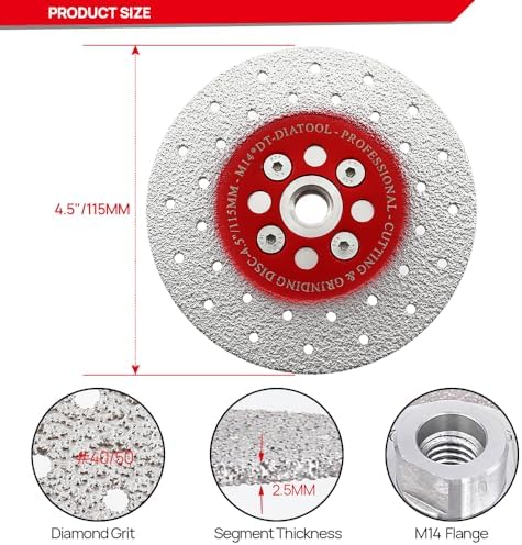 DT-DIATOOL Diamond Cutting and Grinding Discs 4.5 Inch / 115mm x M14 Double Side Coated Vacuum Brazed for Granite Concrete Marble Stone