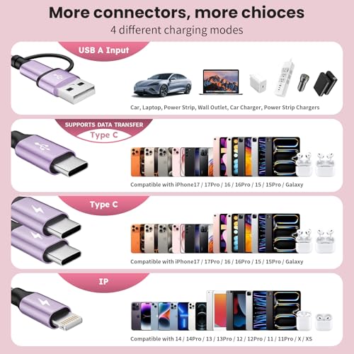 Image of 3 Type-C+ 1IP Ports 4 in 2 Multi Charging Cable for Multiple Devices, 5FT