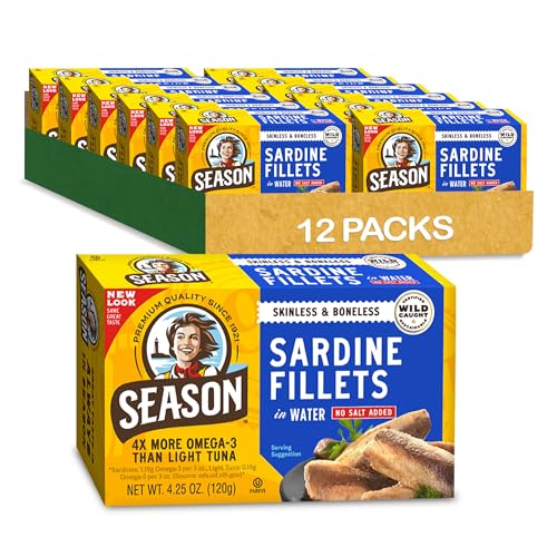Season Sardines in Water - Skinless & Boneless, No Salt Added, Wild Caught, 22g of Protein, Keto Snacks, More Omega 3's Than Tuna, Kosher, High in Calcium, Canned Sardines - 4.25 Oz Tins, 12-Pack