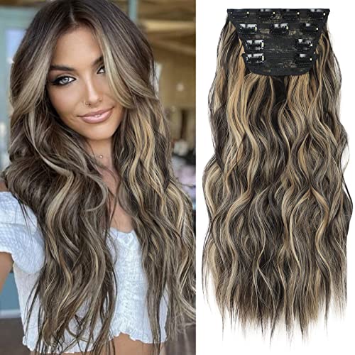 Vigorous Clip in Hair Extensions Dark Brown Mix Blonde (Dark Brown with Blonde Highlights) Hair Extensions for Women Long Wavy Hair Extensions Synthetic ï¼4PCS 20 Inch) â¦