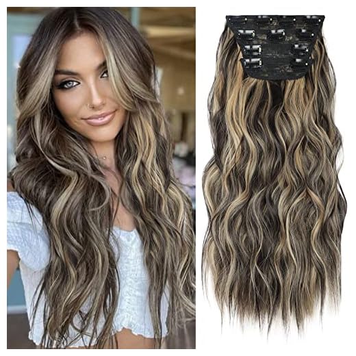 Vigorous Clip in Hair Extensions Dark Brown Mix Blonde (Dark Brown with Blonde Highlights) Hairpieces for Women Long Wavy Hair Extensions Synthetic （4PCS 20 Inch) …