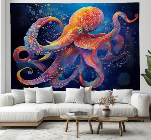 Tapisserie pieuvre des profondeurs orange-bleu crée une ambiance océan de salon