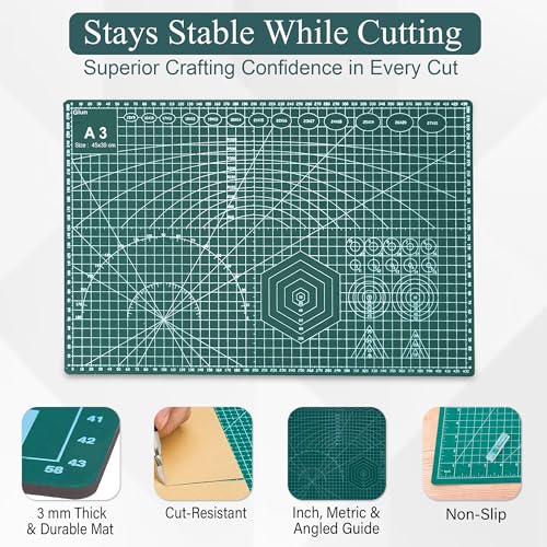Image of GLUN A3 Size DIY Cutting Mat, Size 45x30x0.7cm Scale Green Mat, Protect Table Top from Sharp Blades, Colours, & Other Art-Craft Tools