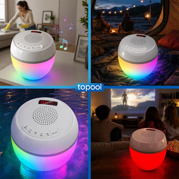 Schwimmender Bluetooth-Lautsprecher für Pool mit Thermometer und LED-Beleuchtung, IP68, 8 Lichtmodi, 360°-Stereo-Sound, TWS, Reichweite 25 m, Akku 2000 mAh