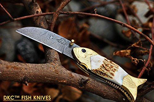 Dkc Knives (5 6/18) Dkc-595 Stag Horn Fish Bass Trout Fishing Pocket Folding Damascus Hunting Knife Brass & Bone Folded 9.5Oz 4.5" Closed 7.5" Open 3.5" Blade Fishana Series #TOP3
