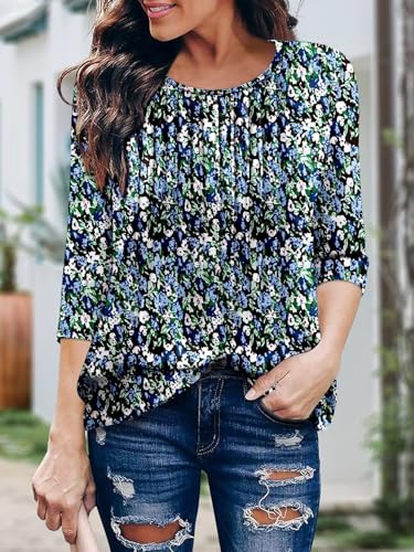 KISSMODA Tunic Tops for Women Loose Fit Dressy Round Neck Pleated 3/4 Length Sleeve Spring Tops
