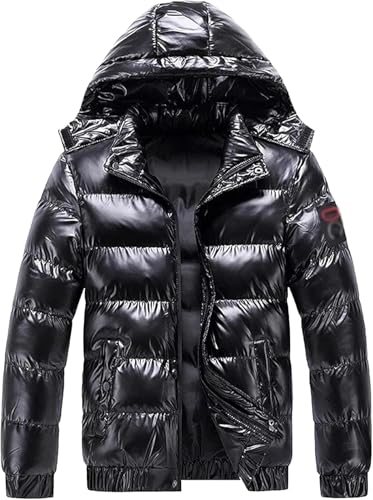 Chaqueta con Capucha Brillante cálida Informal para Hombre Abrigo de Invierno Chaqueta de plumón Impermeable a Prueba de Viento Tendencia de Moda Chaqueta Deportiva Suelta al Aire Libre (Negro,L)