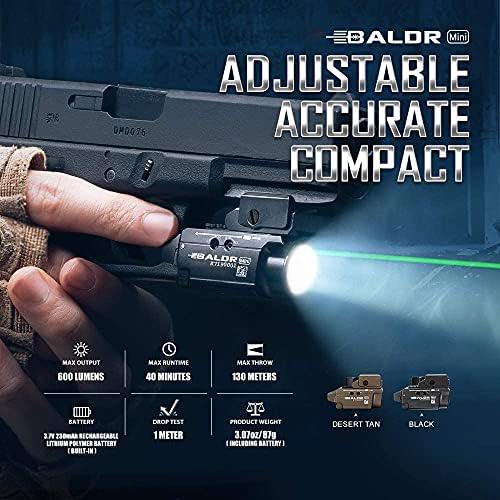 OLIGHT Baldr Mini Tactical Flashlight 600 Lumens Magnetic USB Rechargeable Weaponlight with Green Beam and White LED Combo, Compact Rail Mount Torch with Adjustable Rail