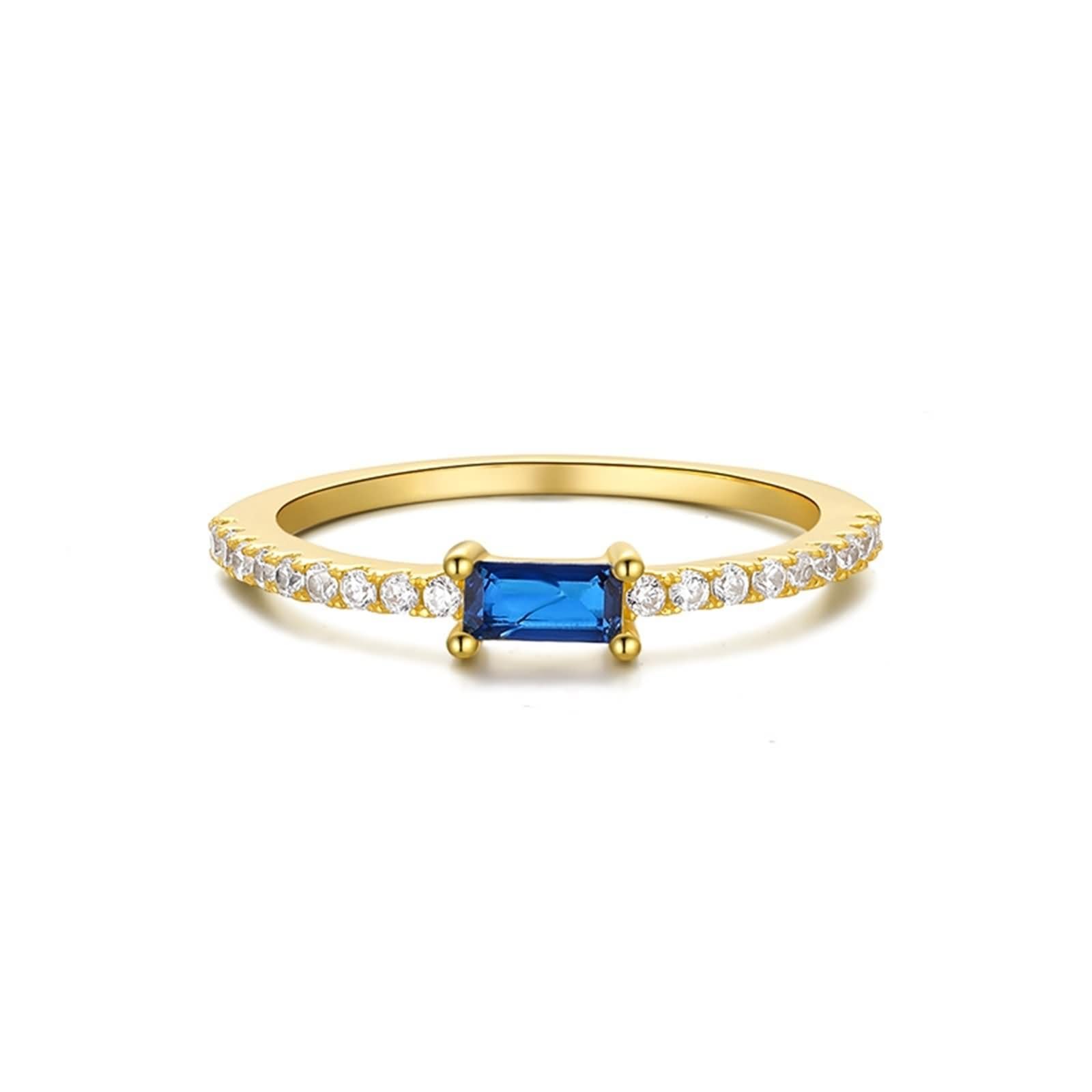 Anillo de Alianza de Oro Amarillo 9K/14K/18K Mujer, Rectángulo con Zafiro Creado y Moissanita, Anillos de Oro Amarillo Compromiso Mujer