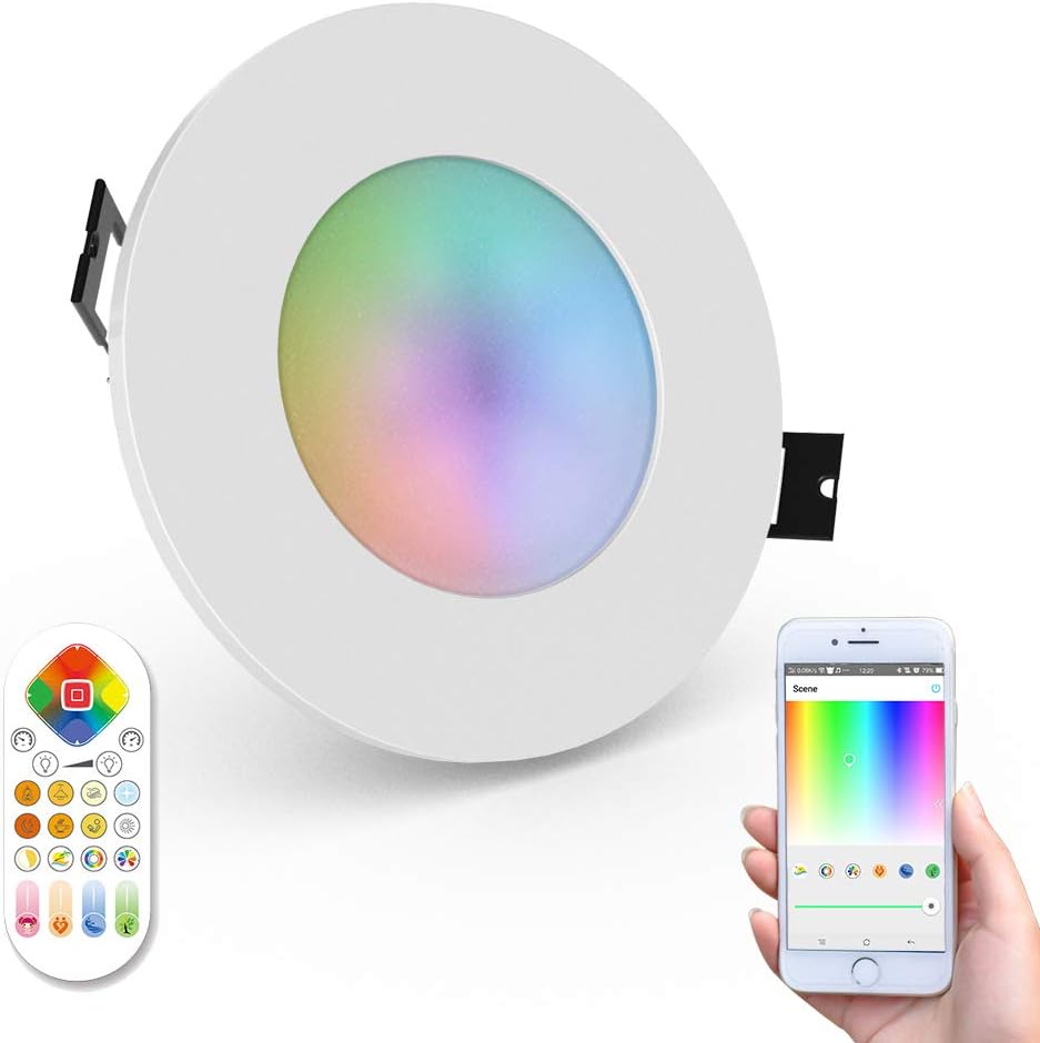 iHomma Smart LED Downlights IP65 Waterproof Dimmable Mutil-Color Cool White Warm White, Wi-Fi and Remote Control Recessed Light for Bathroom Kitchen Bedroom Livingroom 6W 350LM 100-240V [Energy Class A]