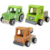 Wooden Wheels Tough Jobs Pack: Natural Beech Wood Tractor, Pickup Truck, and Cement Mixer