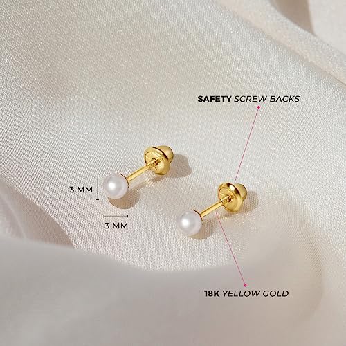 18K Yellow Gold Classic Tiny 3Mm Cultured Pearl Safety Screw Back Baby Earrings Fits Infants & Toddler Girls - Great Gift For Birthdays, Baptisms, And Christening - Timeless Small Pearl Studs #TOP3