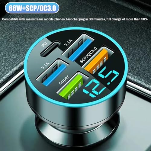 Ankuee 66W 5 Port Car Charger, 12-24V Quick Charge Automotive Fast Charging with USB PD Super QC 3.0 Cigarette Lighter Plug, Universal for SUV Truck RV 15 14 13 12 S22 S21 S20 and More