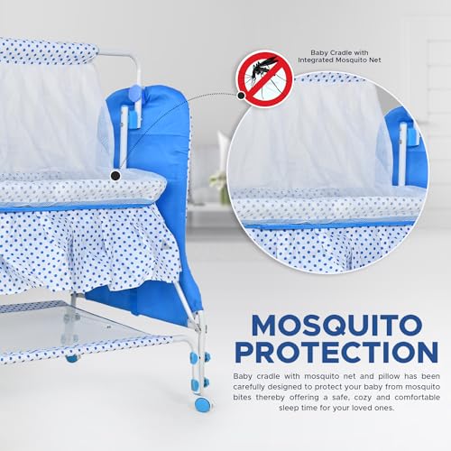 Image of BUBBLEBABY Baby Cradle | Jhula | Baggi | Palna | Ghodiyu | Ventilated | with Swing & Mosquito Net | 0-12 Months | Four Wheels with Brake | Storage | Polypropylene | Safe & Sturdy | Foldable | Blue