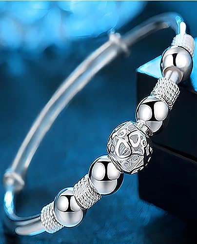 S925 Silver Bangle Bracelet for Women, Elegant Women‘s Sterling Silver Bracelet Bangle Adjustable 6.4-7.8 inches Small Size (Beads Silver)3
