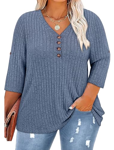 Image of Koscacy Women Plus Size V Neck 3 /4 Roll Sleeve Sweater Casual Knit Tops Solid Color Blouses