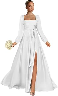 Satin Bridesmaid Dresses for Women Square Neck Wedding Guest Dress Long Sleeve Formal Dresses with Slit
