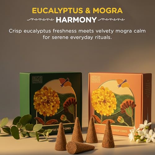 Image of HelpUsGreen Natural Dhoop Cones Eucalyptus and Mogra (80 Cones Pack of 2)|Charcoal Free Organic Low Smoke Long Lasting Incense Cones for Pooja Samagri, Home Fragrance, Meditation|Free Ceramic Holder